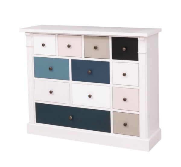 Landelijke hoge ladekast met twaalf lades in verschillende formaten. Gemaakt van massief eiken hout in de kleur wit en verschillende kleuren blauw. Het meubel kan op verschillende manieren geverfd worden in verschillende kleuren en kan op maat gemaakt worden. Villa Laura