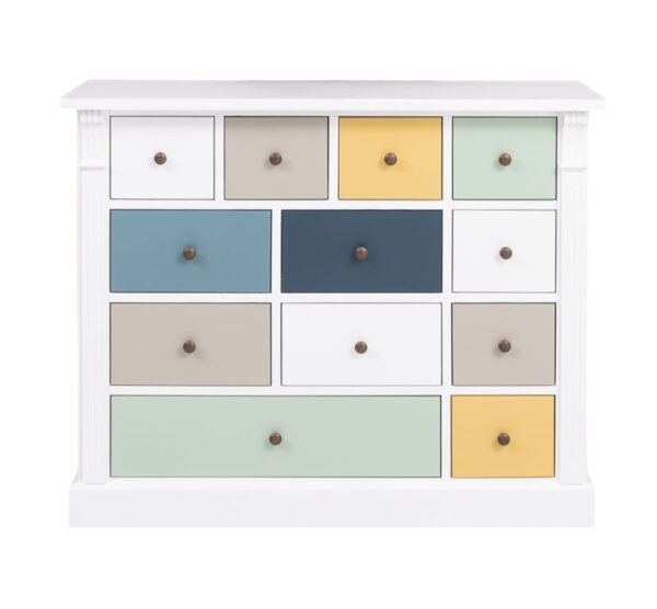 Landelijke hoge ladekast met twaalf lades in verschillende formaten. Gemaakt van massief eiken hout in de kleur wit en pastel tinten. Het meubel kan op verschillende manieren geverfd worden in verschillende kleuren en kan op maat gemaakt worden. Villa Laura