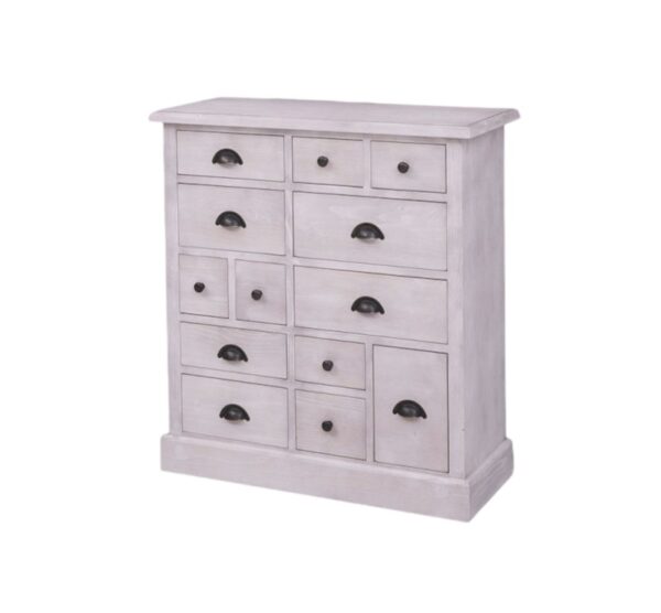 Landelijke speelse ladekast met verschillende mate lades met verschillende knoppen. In totaal 13 lades met verschillende afmetingen en verschillende knoppen. Gemaakt van massief hout eiken in de kleur lichtroze. De lades hebben ook verschillende kleuren zoals in de kleur wit. De ladekast kan op verschillende manieren geverfd worden in verschillende kleuren en kan op maat gemaakt worden. Villa Laura