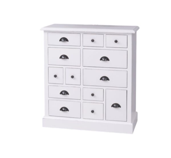 Landelijke speelse ladekast met verschillende mate lades met verschillende knoppen. In totaal 13 lades met verschillende afmetingen en verschillende knoppen. Gemaakt van massief hout eiken in de kleur lichtroze. De lades hebben ook verschillende kleuren zoals in de kleur wit. ladekast kan op verschillende manieren geverfd worden in verschillende kleuren en kan op maat gemaakt worden. Villa Laura