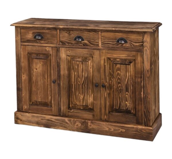 Landelijke, klassieke, extravagante dressoir met 3 kastjes en 3 lades voor opbergruimte. Gemaakt van massief hout eiken in de kleur warm bruin rustiek hout. De kast kan op verschillende manieren geverfd worden in verschillende kleuren en kan op maat gemaakt worden. Villa Laura