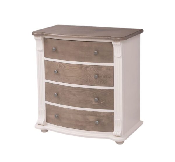 Landelijk, klassiek, extravagant ladekast. het heeft 4 grote lades voor veel opbergruimte. Gemaakt van massief hout in de kleur wit met warm eiken laadjes. De kast kan op verschillende manieren geverfd worden in verschillende kleuren en kan op maat gemaakt worden. Villa Laura