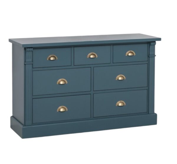 landelijk, klassiek, extravagante ladekast. het heeft 7 lades voor veel opbergruimte. Gemaakt van massief hout in de kleur donker blauw. Het kan op maat gemaakt worden. Villa Laura