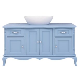 Landelijk badkamermeubel met lades en deuren voor opbergruimte. Gemaakt van massief eiken hout in de kleur licht blauw. Het meubel kan op verschillende manieren geverfd worden in verschillende kleuren en kan op maat gemaakt worden. Villa Laura