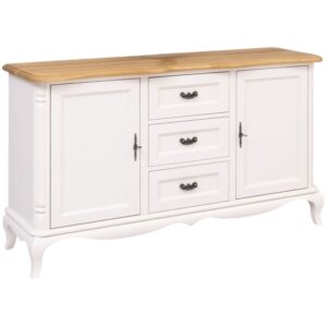 Klassieke dressoir met deurtjes en lades voor opbergruimte. Het dressoir heeft aan beide kanten een deurtje en in het midden drie lades onder elkaar. Gemaakt van massief eiken hout in de kleur wit en licht eiken naturel. Het meubel kan op verschillende manieren geverfd worden in verschillende kleuren en kan op maat gemaakt worden. Villa Laura