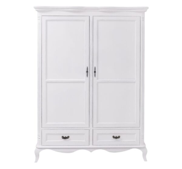 landelijk klassiek romantisch brocante 2-deurs kledingkast met lades. de kledingkast heeft sierlijke ornamenten en Queen Ann poten. Gemaakt van massief hout eiken in de kleur wit. Het kan op maat gemaakt worden. Villa Laura