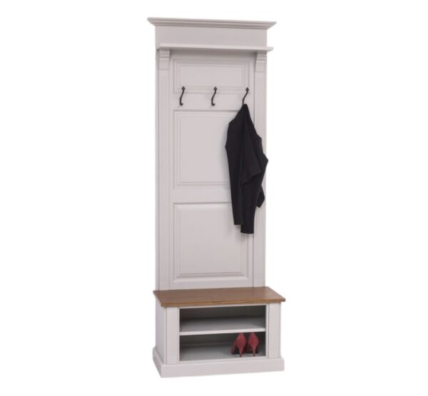 Landelijke kapstok met 3 haken, een plankje en in het schoenenbankje 2 open vakken. Gemaakt van massief eiken hout in de kleur zand, beige met warm hout. De kapstok kan op verschillende manieren geverfd worden in verschillende kleuren en kan op maat gemaakt worden. Villa Laura
