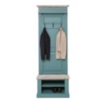 Landelijke kapstok met 3 haken, een plankje en in het schoenenbankje 2 open vakken. Gemaakt van massief eiken hout in de kleur blauw. De kapstok kan op verschillende manieren geverfd worden in verschillende kleuren en kan op maat gemaakt worden. Villa Laura