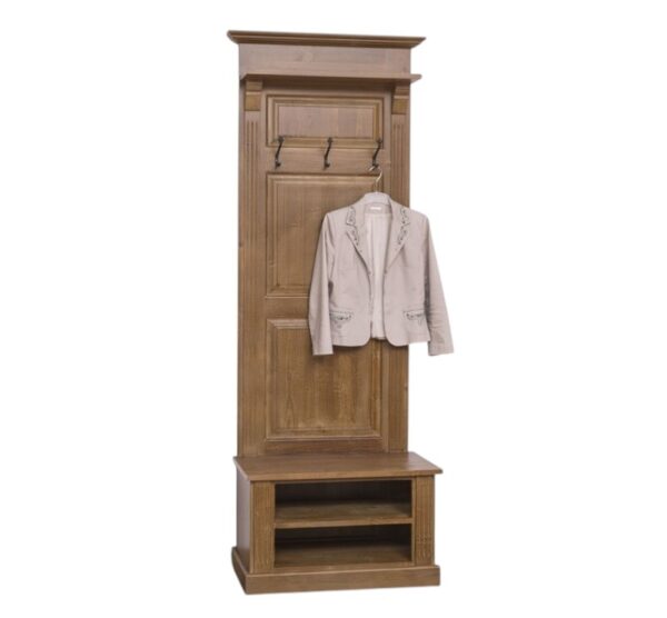 Landelijke kapstok met 3 haken, een plankje en in het schoenenbankje 2 open vakken. Gemaakt van massief eiken hout in de kleur naturel. De kapstok kan op verschillende manieren geverfd worden in verschillende kleuren en kan op maat gemaakt worden. Villa Laura
