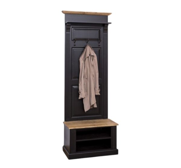 Landelijke kapstok met 3 haken, een plankje en in het schoenenbankje 2 open vakken. Gemaakt van massief eiken hout in de kleur zwart en bruin hout. De kapstok kan op verschillende manieren geverfd worden in verschillende kleuren en kan op maat gemaakt worden. Villa Laura