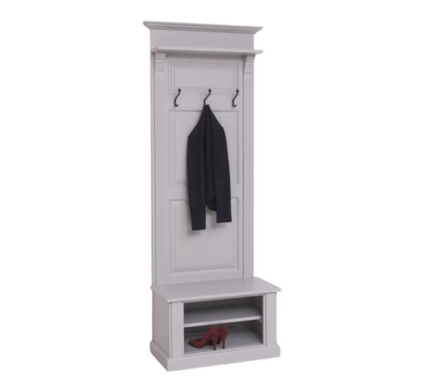 Landelijke kapstok met 3 haken, een plankje en in het schoenenbankje 2 open vakken. Gemaakt van massief eiken hout in de kleur zand, beige. De kapstok kan op verschillende manieren geverfd worden in verschillende kleuren en kan op maat gemaakt worden. Villa Laura
