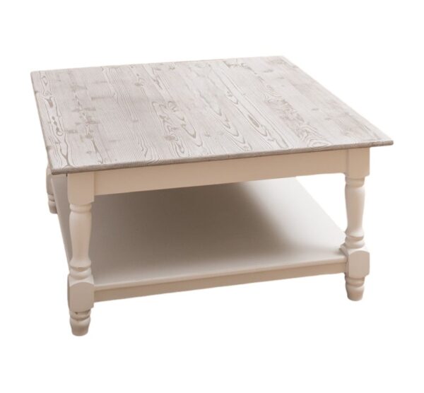 Landelijke, klassieke, extravagante vierkante salontafel met onderblad. Gemaakt van massief hout eiken in de kleur wit en whitewash blad. De salontafel kan op verschillende manieren geverfd worden in verschillende kleuren en kan op maat gemaakt worden. Villa Laura