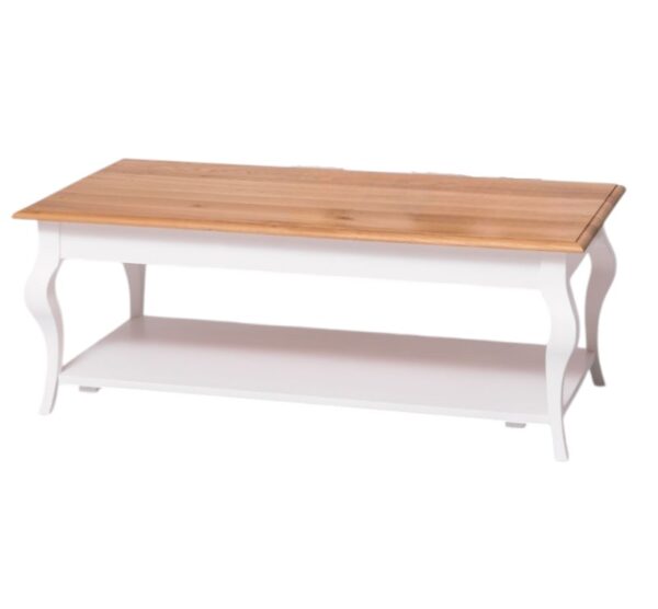 Landelijke, klassieke, extravagante houten salontafel met onderblad. De salontafel heeft sierlijke poten. Gemaakt van massief hout eiken in de kleur wit en naturel. De salontafel kan op verschillende manieren geverfd worden in verschillende kleuren en kan op maat gemaakt worden. Villa Laura