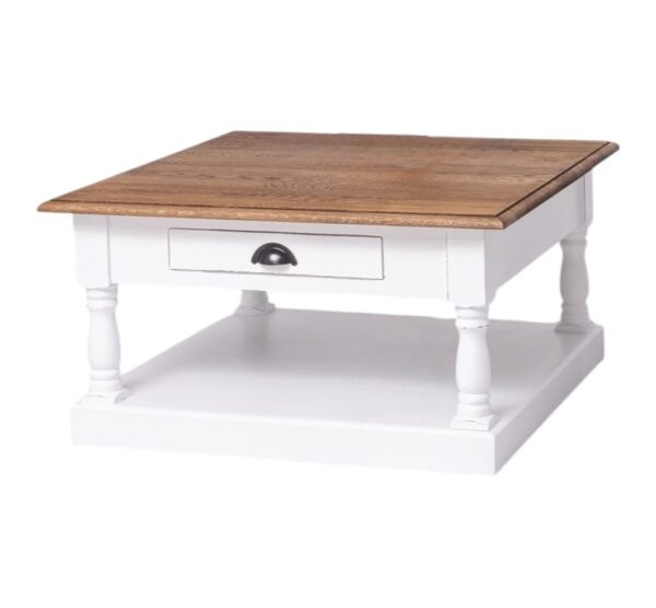 Landelijke salontafel met kleine lade en onderblad voor opbergruimte. Gemaakt van massief eiken hout in de kleur wit met een naturel warm eiken blad. Het meubel kan op verschillende manieren geverfd worden in verschillende kleuren en kan op maat gemaakt worden. Villa Laura