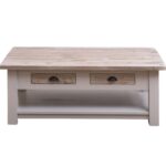 Landelijke, klassieke, extravagante houten salontafel met onderblad en twee lades met een komgreep. Gemaakt van massief hout eiken in de kleur wit en beachwood, rustiek whitewash. In de stijl Ibiza. De salontafel kan op verschillende manieren geverfd worden in verschillende kleuren en kan op maat gemaakt worden. Villa Laura