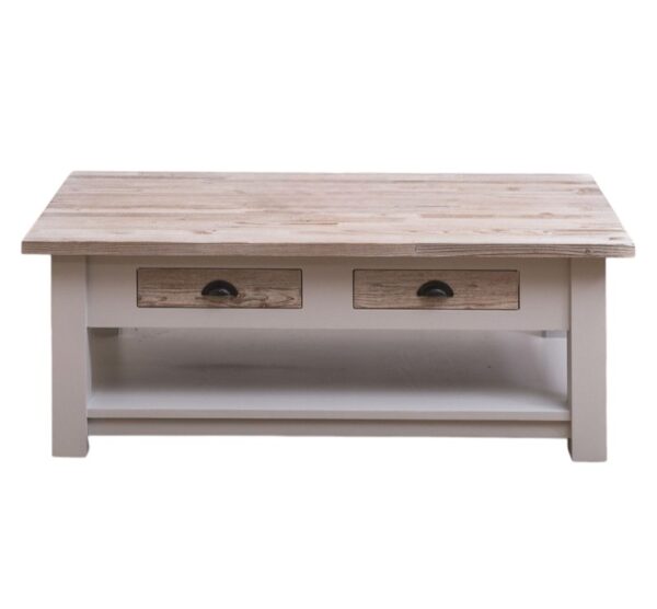 Landelijke, klassieke, extravagante houten salontafel met onderblad en twee lades met een komgreep. Gemaakt van massief hout eiken in de kleur wit en beachwood, rustiek whitewash. In de stijl Ibiza. De salontafel kan op verschillende manieren geverfd worden in verschillende kleuren en kan op maat gemaakt worden. Villa Laura