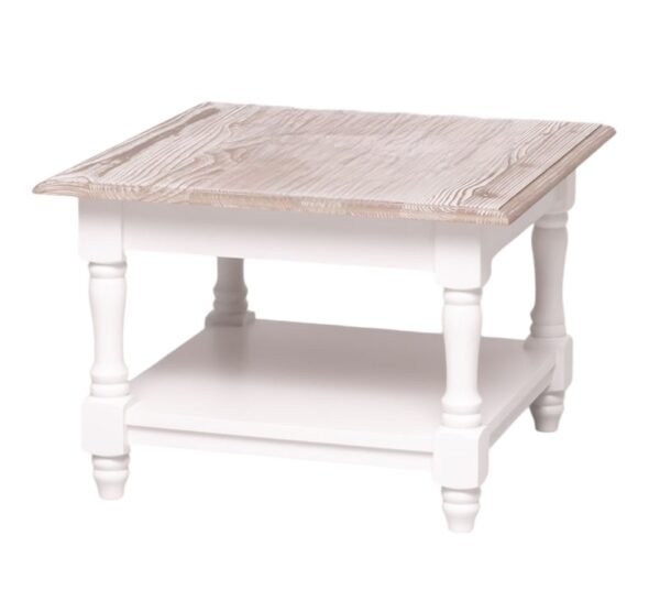 Klein landelijke salontafel met onderblad met klassieke poten. Gemaakt van massief hout in de kleur wit, naturel. De salontafel kan op verschillende manieren geverfd worden in verschillende kleuren en kan op maat gemaakt worden. Villa Laura