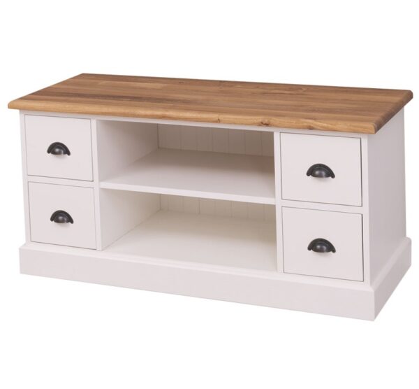 Landelijk tv meubel met 4 kleine lades met komgrepen en 2 lange open vakken. Gemaakt van massief hout eiken in de kleur wit/naturel. De tv meubel kan op verschillende manieren geverfd worden in verschillende kleuren en kan op maat gemaakt worden. Villa Laura