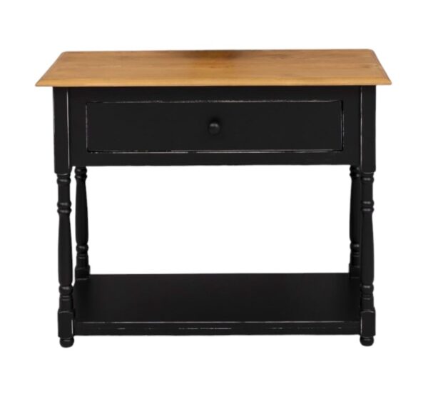 Landelijke side table met lade en onderblad. Gemaakt van massief eiken hout in de kleur zwart bruin houten blad. Het meubel kan op verschillende manieren geverfd worden in verschillende kleuren en kan op maat gemaakt worden. Villa Laura