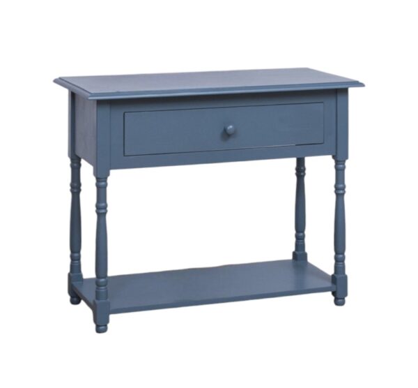 Landelijke side table met lade en onderblad. Gemaakt van massief eiken hout in de kleur blauw. Het meubel kan op verschillende manieren geverfd worden in verschillende kleuren en kan op maat gemaakt worden. Villa Laura