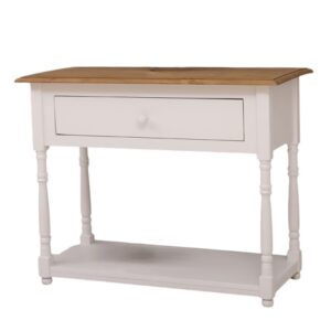 Landelijke side table met lade en onderblad. Gemaakt van massief eiken hout in de kleur wit met bruin blad. Het meubel kan op verschillende manieren geverfd worden in verschillende kleuren en kan op maat gemaakt worden. Villa Laura
