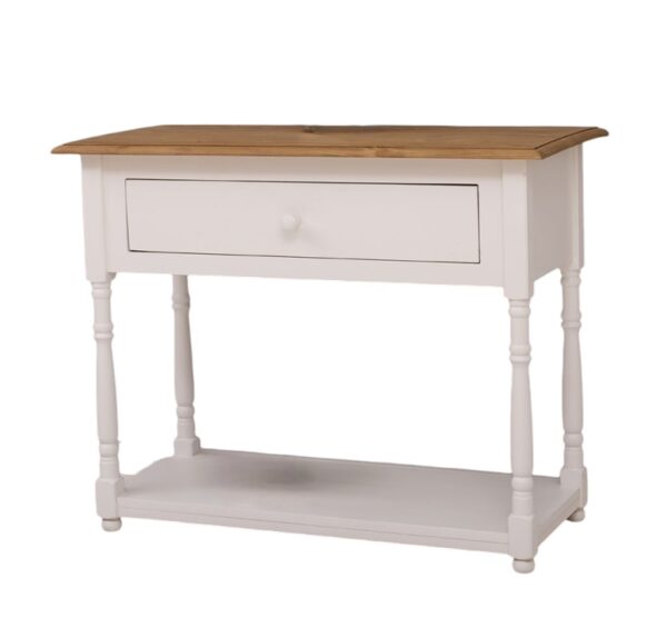 Landelijke side table met lade en onderblad. Gemaakt van massief eiken hout in de kleur wit met bruin blad. Het meubel kan op verschillende manieren geverfd worden in verschillende kleuren en kan op maat gemaakt worden. Villa Laura