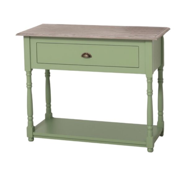 Landelijke side table met lade en onderblad. Gemaakt van massief eiken hout in de kleur groen en vergrijsd eiken. Het meubel kan op verschillende manieren geverfd worden in verschillende kleuren en kan op maat gemaakt worden. Villa Laura