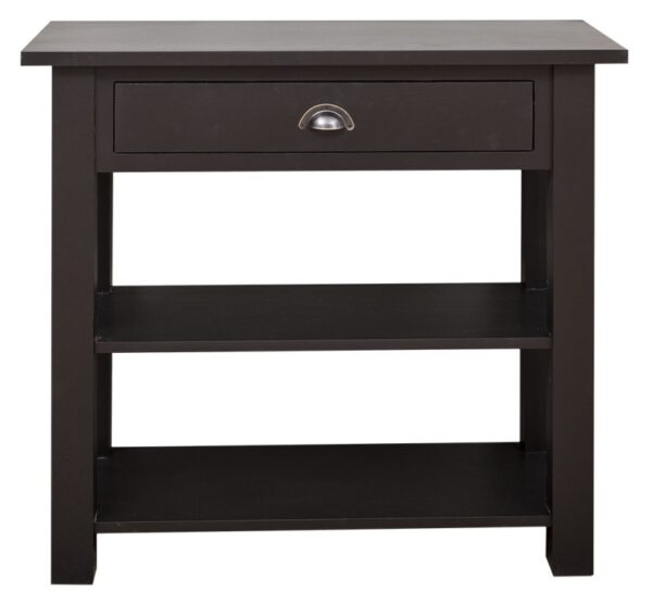 Landelijk moderne sidetable/winkeldisplay met lade en twee planken. Gemaakt van massief eiken hout in de kleur zwart. Het meubel kan op verschillende manieren geverfd worden in verschillende kleuren en kan op maat gemaakt worden. Villa Laura