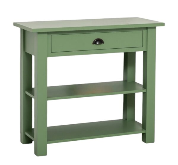 Landelijk moderne sidetable/winkeldisplay met lade en twee planken. Gemaakt van massief eiken hout in de kleur wit en naturel. Het meubel kan op verschillende manieren geverfd worden in verschillende kleuren en kan op maat gemaakt worden. Villa Laura