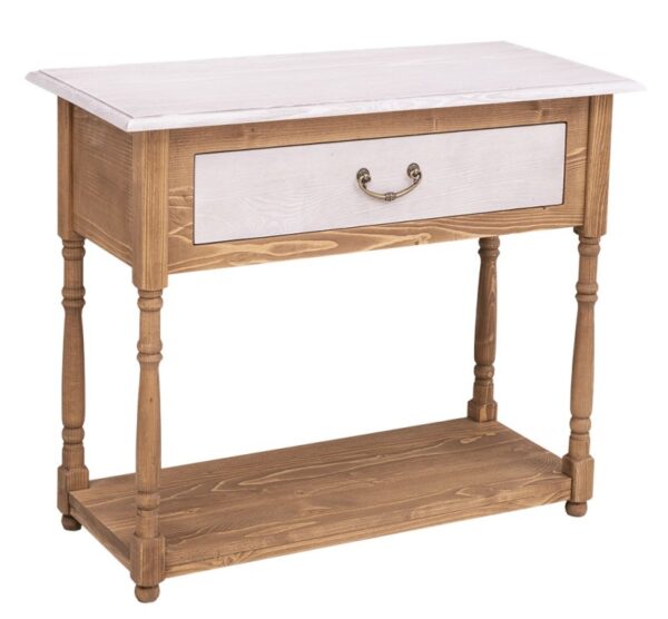 Landelijke side table met lade en onderblad. Gemaakt van massief eiken hout in warm eiken en wit. Het meubel kan op verschillende manieren geverfd worden in verschillende kleuren en kan op maat gemaakt worden. Villa Laura
