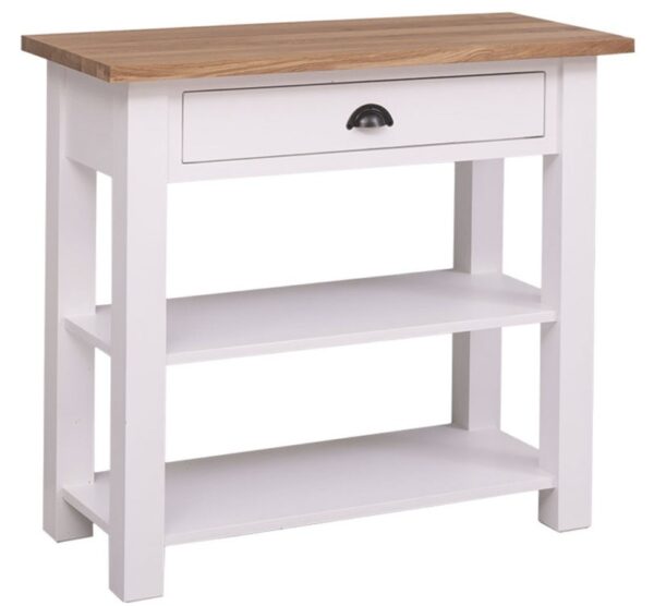 Landelijk moderne sidetable/winkeldisplay met lade en twee planken. Gemaakt van massief eiken hout in de kleur wit en naturel. Het meubel kan op verschillende manieren geverfd worden in verschillende kleuren en kan op maat gemaakt worden. Villa Laura