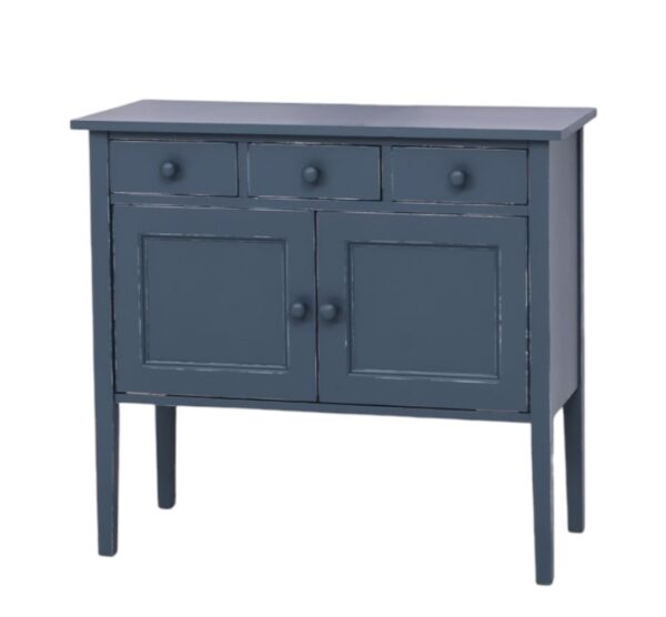 landelijke, moderne, extravargante dressoir/sidetable op hoge poten. het heeft lades en deuren voor veel opbergruimte. Gemaakt van massief hout eiken in de kleur donker blauw vintagelook. Het kan op maat gemaakt worden. Villa Laura