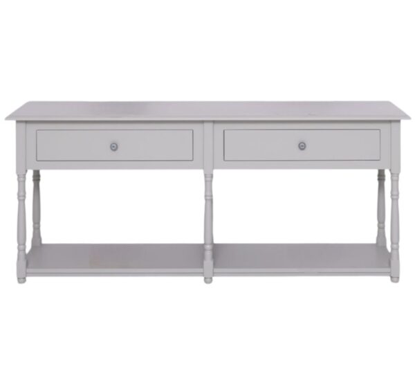 Landelijke sidetable met twee lades en onderplank. Gemaakt van massief eiken hout in de kleur licht grijs. Het meubel kan op verschillende manieren geverfd worden in verschillende kleuren en kan op maat gemaakt worden. Villa Laura