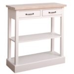 Landelijke smalle sidetable met twee lades en twee planken. Gemaakt van massief eiken hout in de kleur wit. Het meubel kan op verschillende manieren geverfd worden in verschillende kleuren en kan op maat gemaakt worden. Villa Laura