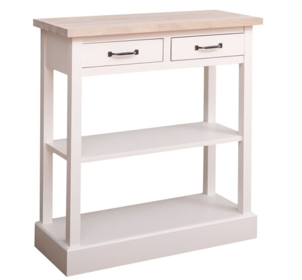 Landelijke smalle sidetable met twee lades en twee planken. Gemaakt van massief eiken hout in de kleur wit. Het meubel kan op verschillende manieren geverfd worden in verschillende kleuren en kan op maat gemaakt worden. Villa Laura