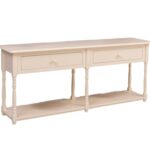 Landelijke sidetable met twee lades en onderplank. Gemaakt van massief eiken hout in de kleur gebroken wit, roomwit. Het meubel kan op verschillende manieren geverfd worden in verschillende kleuren en kan op maat gemaakt worden. Villa Laura