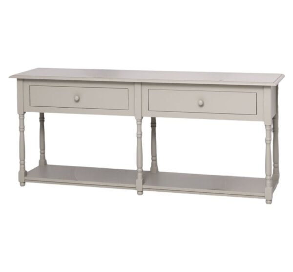 Landelijke side table met twee lades en onderplank. Gemaakt van massief eiken hout in de kleur taupe, zand, beige, grijs. Het meubel kan op verschillende manieren geverfd worden in verschillende kleuren en kan op maat gemaakt worden. Villa Laura