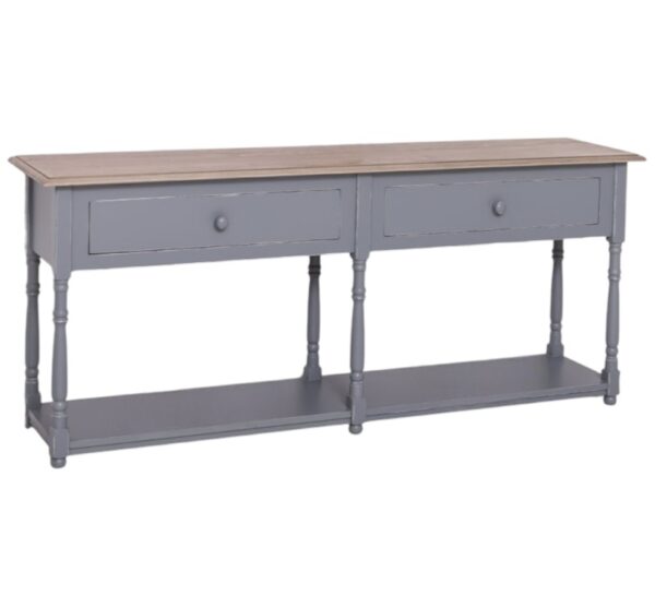 Landelijke sidetable met twee lades en onderplank. Gemaakt van massief eiken hout in de kleur grijs. Het meubel kan op verschillende manieren geverfd worden in verschillende kleuren en kan op maat gemaakt worden. Villa Laura