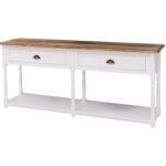 Landelijke side table met twee lades en onderplank. Gemaakt van massief eiken hout in de kleur wit en warm eiken. Het meubel kan op verschillende manieren geverfd worden in verschillende kleuren en kan op maat gemaakt worden. Villa Laura