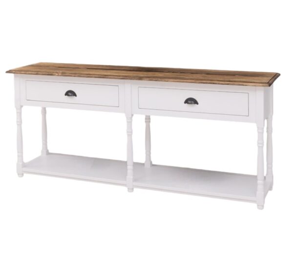 Landelijke side table met twee lades en onderplank. Gemaakt van massief eiken hout in de kleur wit en warm eiken. Het meubel kan op verschillende manieren geverfd worden in verschillende kleuren en kan op maat gemaakt worden. Villa Laura
