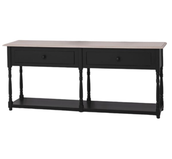 Landelijke sidetable met twee lades en onderplank. Gemaakt van massief eiken hout in de kleur zwart. Het meubel kan op verschillende manieren geverfd worden in verschillende kleuren en kan op maat gemaakt worden. Villa Laura