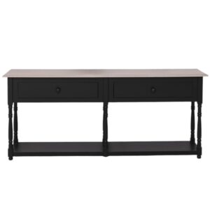 Landelijke side table met twee lades en onderplank. Gemaakt van massief eiken hout in de kleur zwart. Het meubel kan op verschillende manieren geverfd worden in verschillende kleuren en kan op maat gemaakt worden. Villa Laura