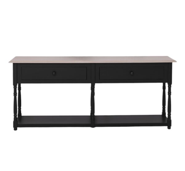 Landelijke side table met twee lades en onderplank. Gemaakt van massief eiken hout in de kleur zwart. Het meubel kan op verschillende manieren geverfd worden in verschillende kleuren en kan op maat gemaakt worden. Villa Laura
