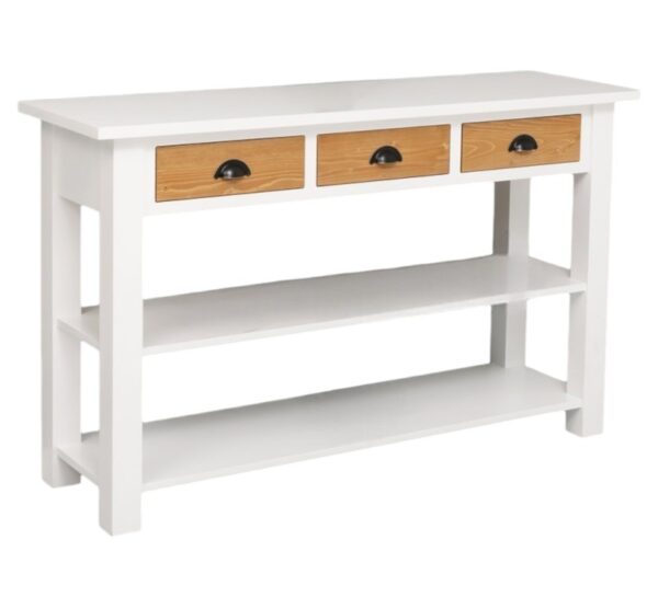 Landelijke sidetable / winkeldisplay met drie lades en twee planken. Gemaakt van massief eiken hout in de kleur wit met naturel. Het meubel kan op verschillende manieren geverfd worden in verschillende kleuren en kan op maat gemaakt worden. Villa Laura