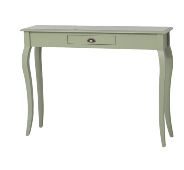Brocante Sidetable met in het midden één lade. Gemaakt van massief hout in de kleur groen. De lade gaat open door middel van een komgreep. De kast kan op verschillende manieren geverfd worden in verschillende kleuren en kan op maat gemaakt worden. Villa Laura