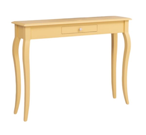 Brocante Sidetable met in het midden één lade. Gemaakt van massief hout in de kleur geel. De lade gaat open door middel van een komgreep. De kast kan op verschillende manieren geverfd worden in verschillende kleuren en kan op maat gemaakt worden. Villa Laura