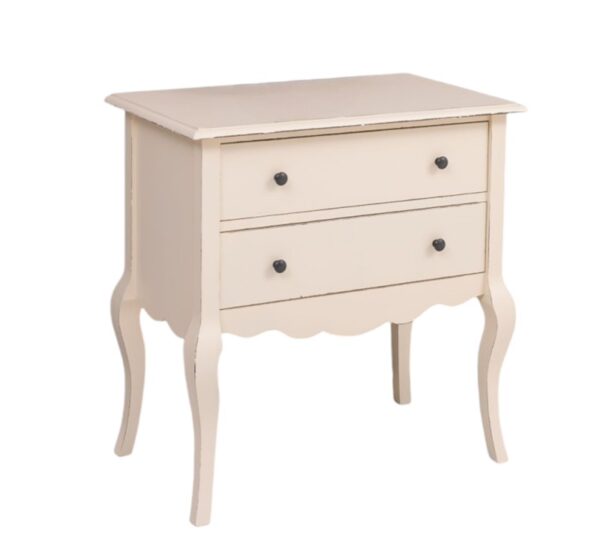 klassiek landelijk romantische houten ladekast/halmeubel. Het kastje heeft een Queen Ann poot en romantische bronzen knopjes. het heeft 2 grote lades. gemaakt van massief hout eiken. het ladekastje is roomwit, gebroken wit / ral 9010 vintagelook. Het kan op maat gemaakt worden. Villa Laura