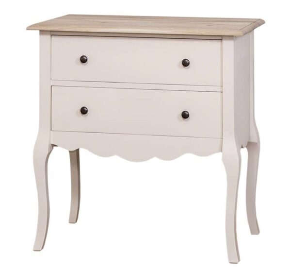 klassiek landelijk romantische houten ladekast/halmeubel. Het kastje heeft een Queen Ann poot en romantische bronzen knopjes. het heeft 2 grote lades. gemaakt van massief hout eiken. het ladekastje is gebroken wit / ral 9010 van kleur en het bovenblad is licht eiken. Het kan op maat gemaakt worden. Villa Laura
