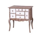 klassiek landelijk romantische houten ladekast/halmeubel. Het kastje heeft een Queen Ann poot en romantische bronzen knopjes. het heeft 7 lades in verschillende maten. Gemaakt van massief hout eiken. het ladekastje is gebroken wit / ral 9010 en laadjes vergrijsd eiken van kleur. Het kan op maat gemaakt worden. Villa Laura