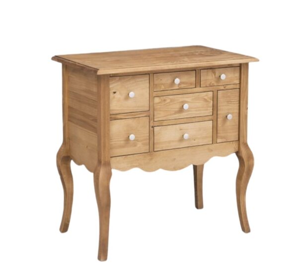 klassiek landelijk romantische houten ladekast/halmeubel. Het kastje heeft een Queen Ann poot en romantische bronzen knopjes. het heeft 7 lades in verschillende maten. Gemaakt van massief hout eiken. het ladekastje is naturel eiken. Het kan op maat gemaakt worden. Villa Laura